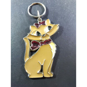 Cat Enamel Metal Keychain Brown Red Bow